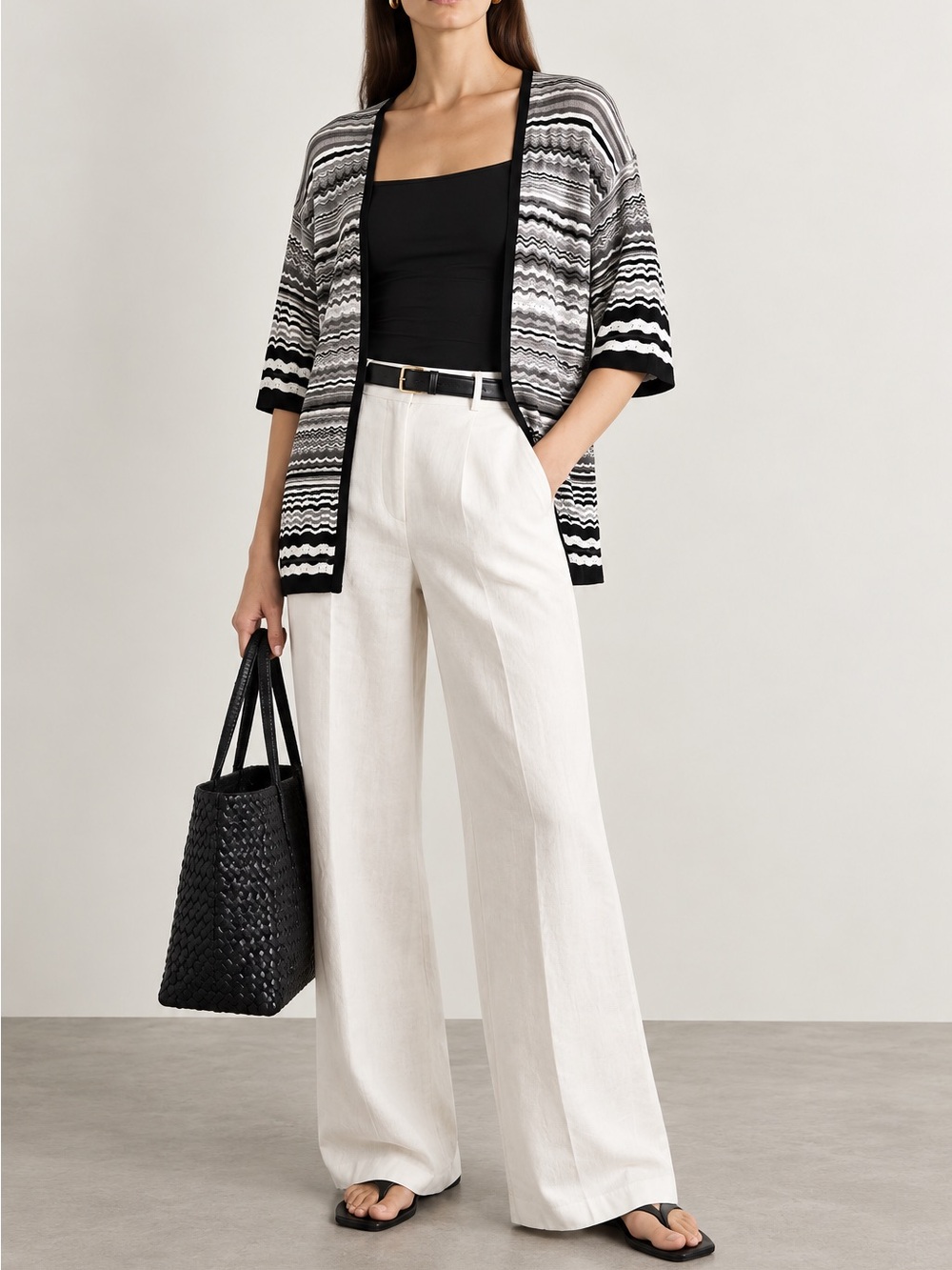 Verve Chevron Striped Zig Zag 3/4 Sleeve Missoni Black White Cardigan Size S